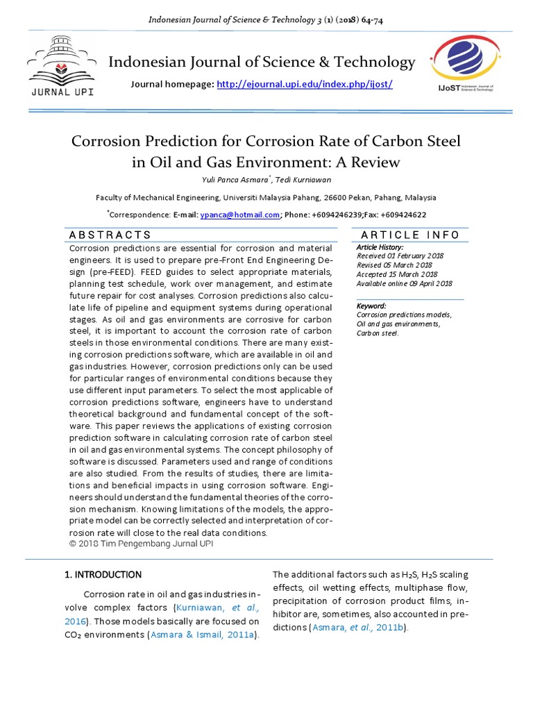 Corrosion Prediction For Corrosion Rate of Carbon Steel in Oil and Gas ...