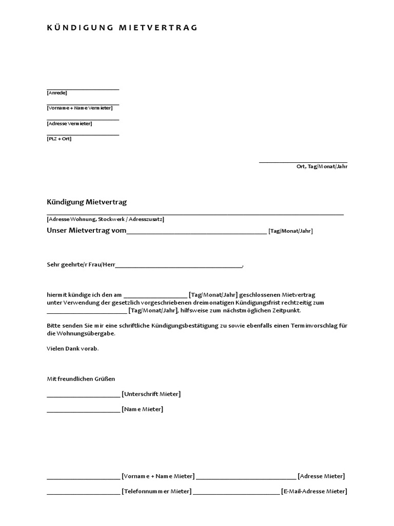 Fabelhafte Vorlage Kundigung Mietvertrag Pdf Ebenbild
