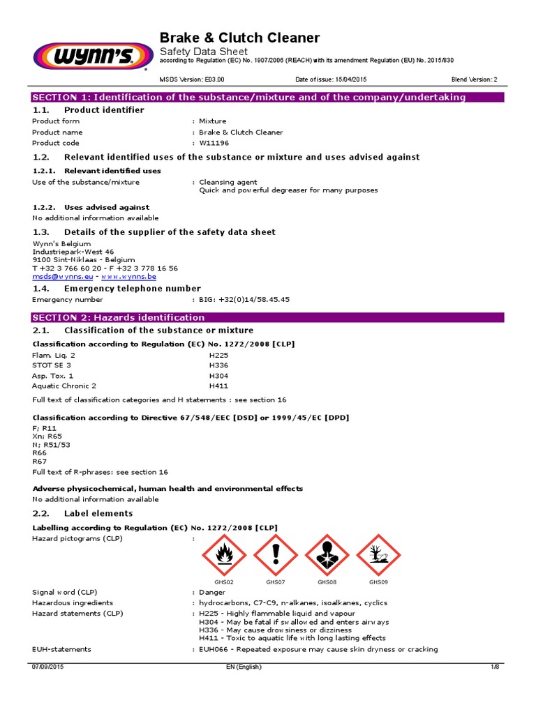 Brake & Clutch Cleaner Safety Data Sheet PDF Firefighting Toxicity