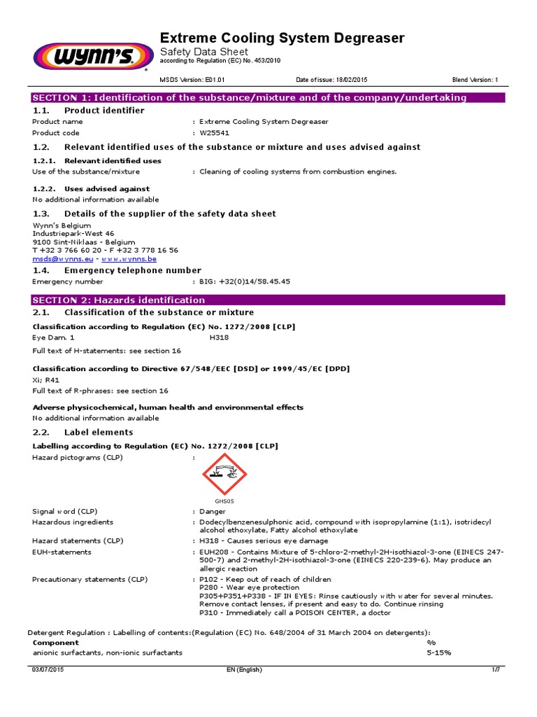 Safety Data Sheet for Extreme Cooling System Degreaser Provides