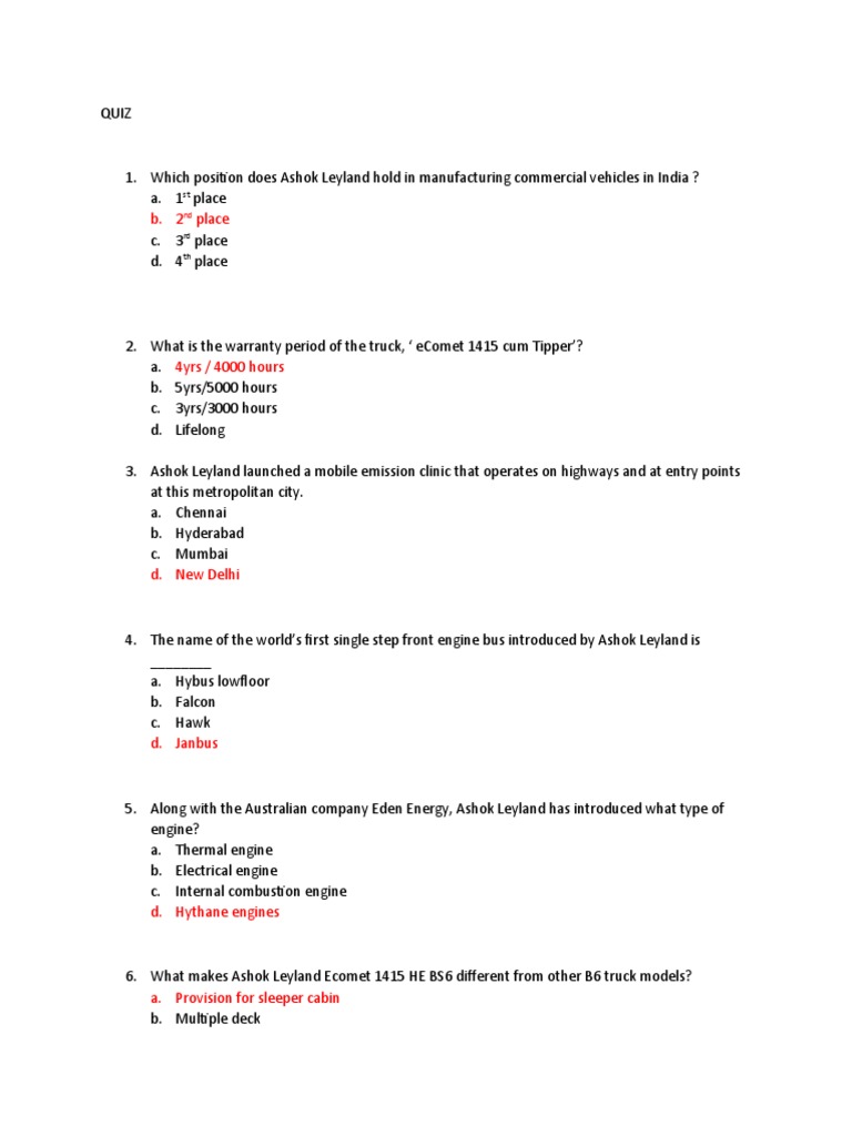QUIZ PDF Motor Vehicle Transport
