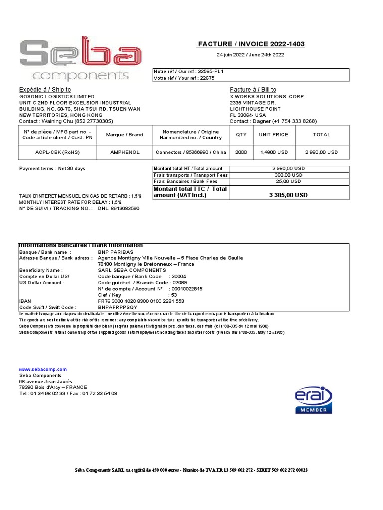 Facture Seba Components 2022-1403 | PDF | Banques | Services financiers