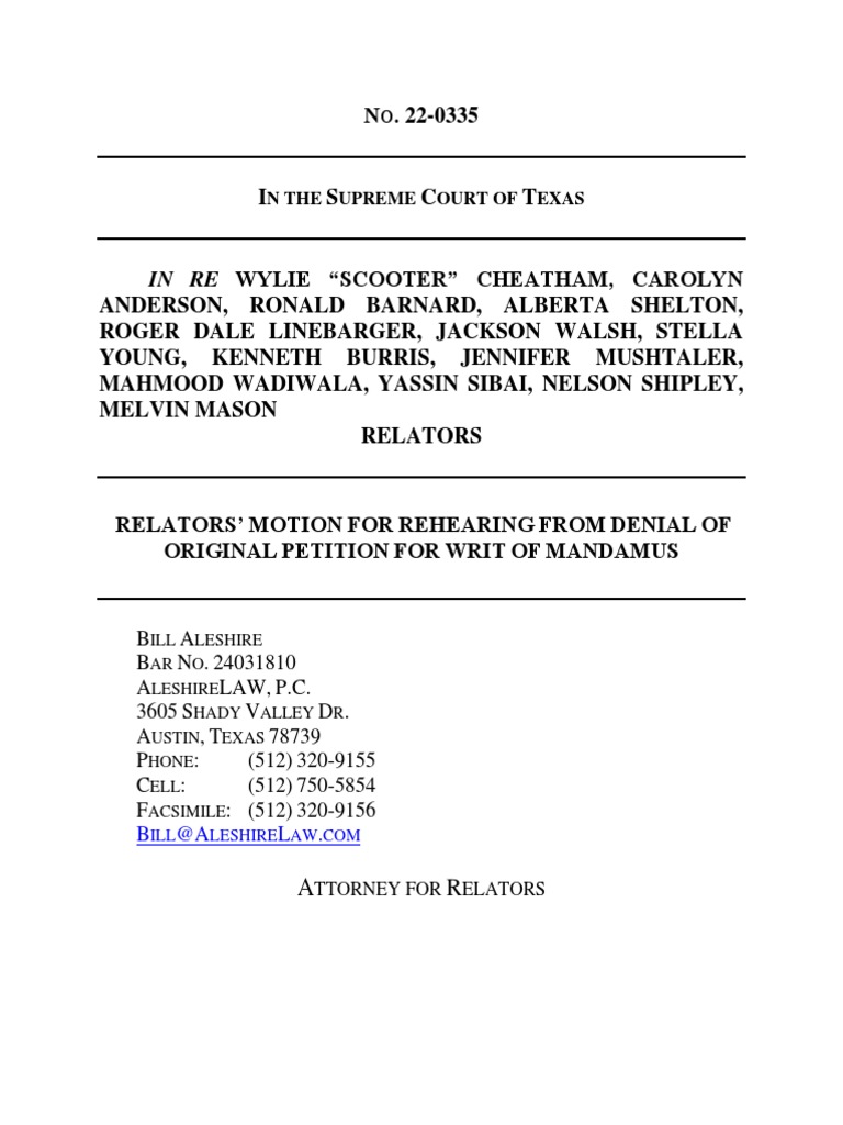 Relators' Motion For Rehearing PDF Mandamus Justice