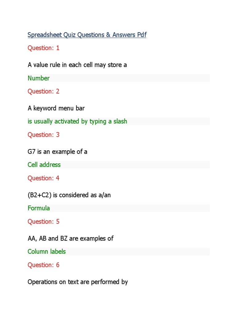 Spreadsheet Quiz Questions Answers PDF