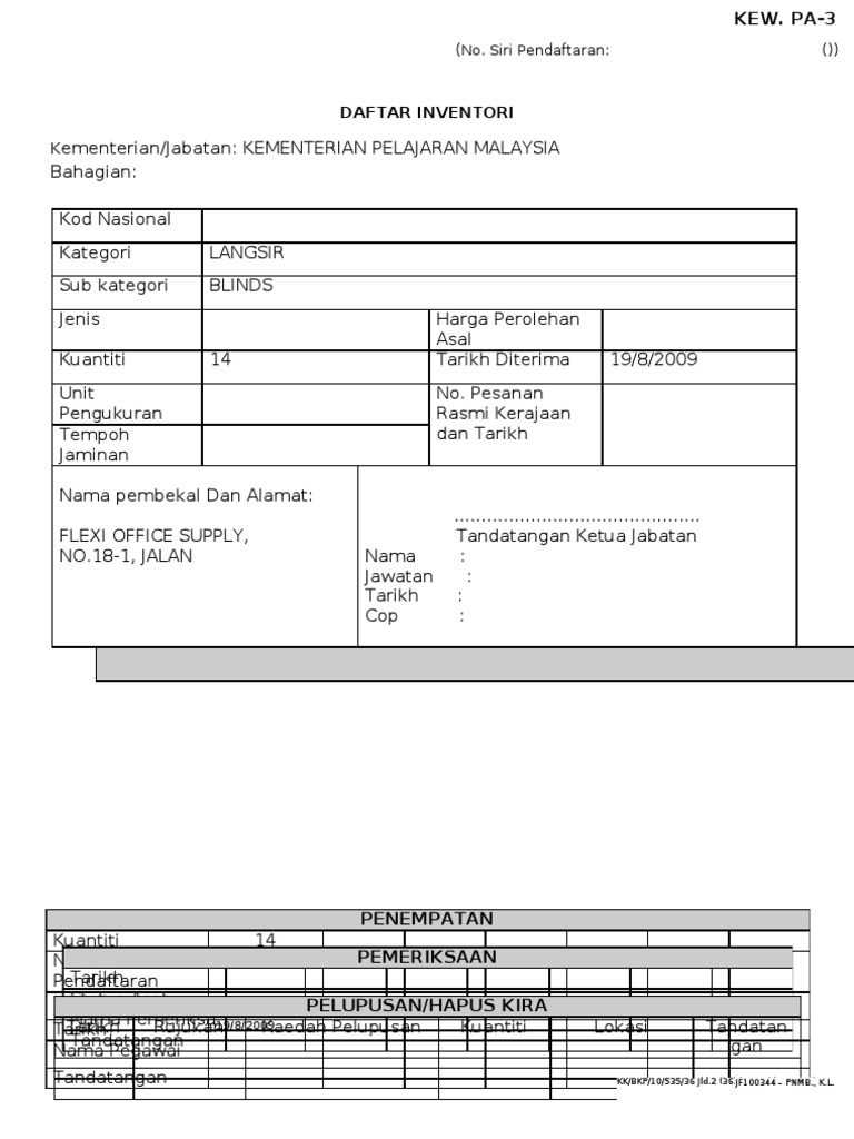 Daftar Inventori: (No. Siri Pendaftaran: ())