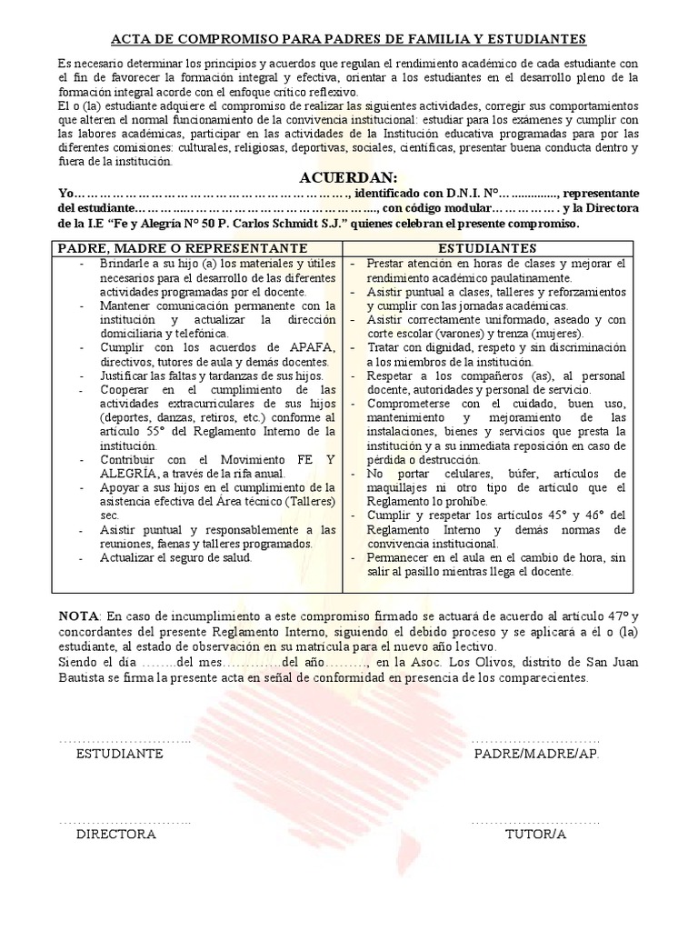 Acta de Compromiso para Padres de Familia y Estudiantes | PDF | Institución
