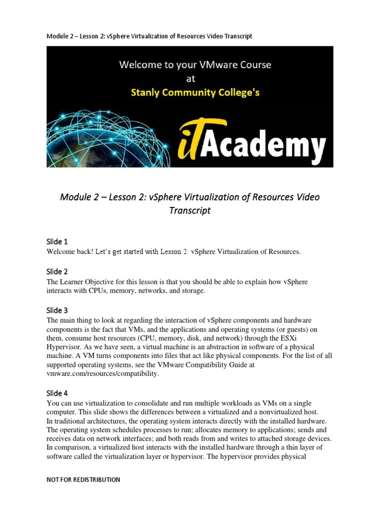 M02 Lesson 2 Vsphere Virtualization of Resources Video Transcript | PDF ...