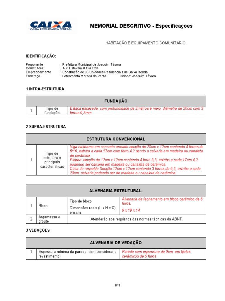 Memorial Descritivo: Construção Habitacional | PDF | Chuveiro | Alvenaria