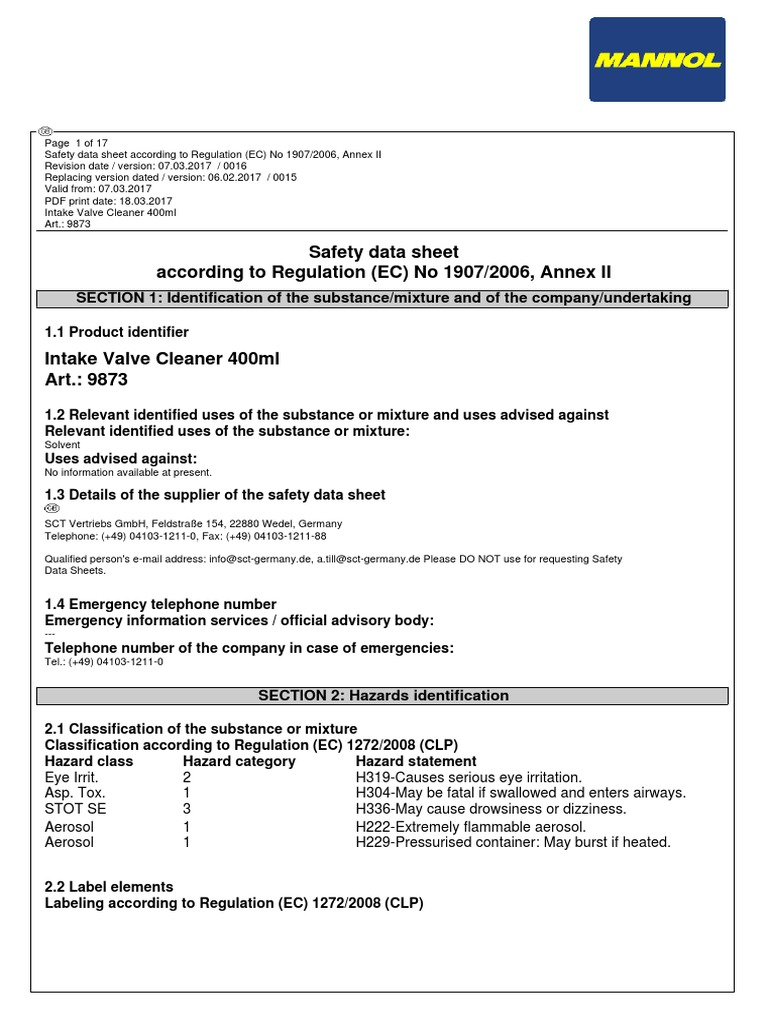 MANNOL 9873 Intake Valve Cleaner PDF Toxicity Firefighting