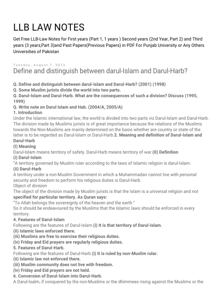 LLB LAW NOTES Define and Distinguish Between DarulIslam and Darul