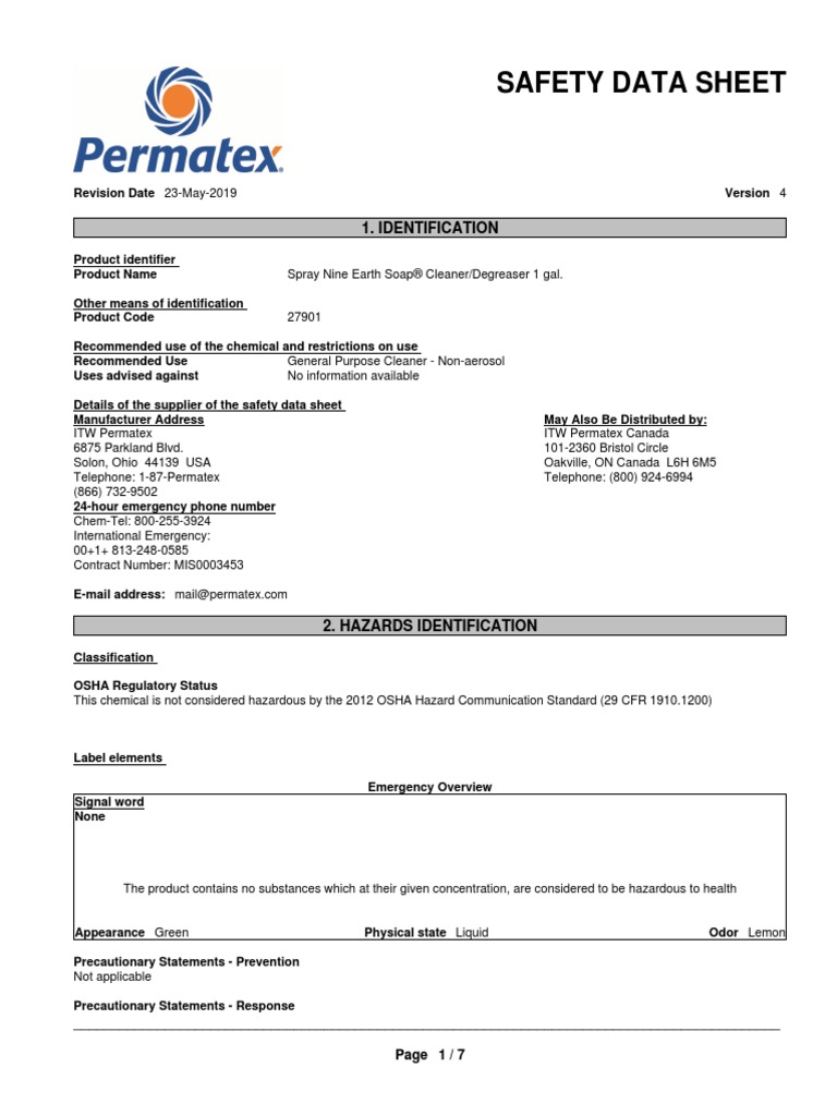 Spray Nine Earth Soap Cleaner Degreaser SDS 1 Gallon PDF Superfund