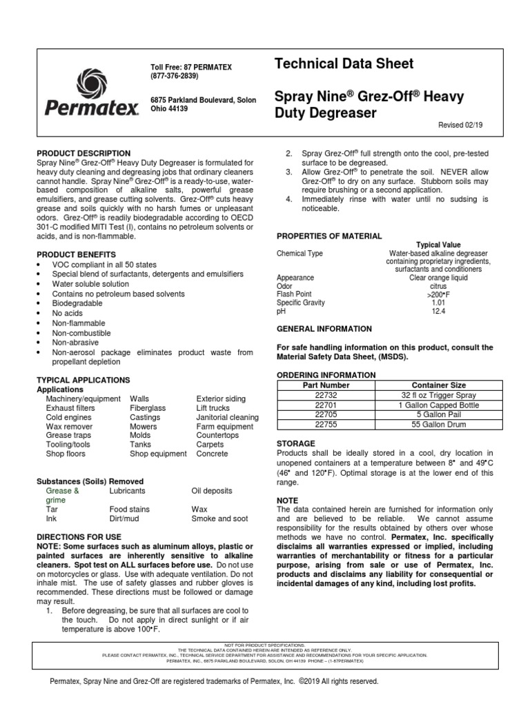 Spray Nine GrezOff HeavyDuty Degreaser TDS 1 Gallon PDF Petroleum