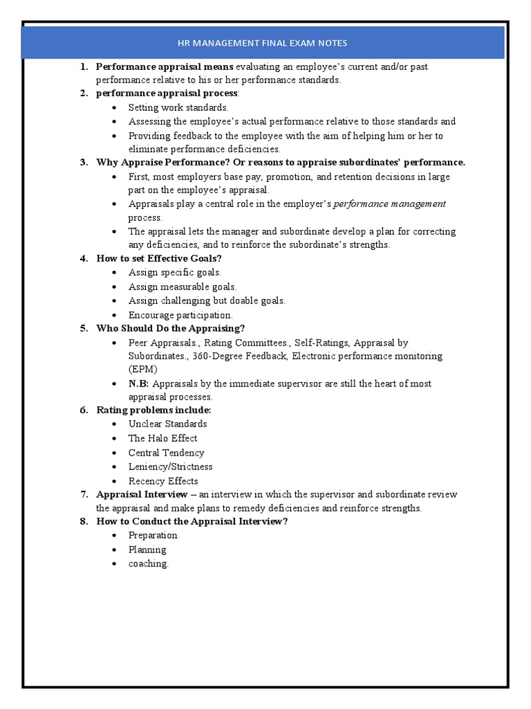 HR Management Final Exam Notes PDF Performance Appraisal Interview