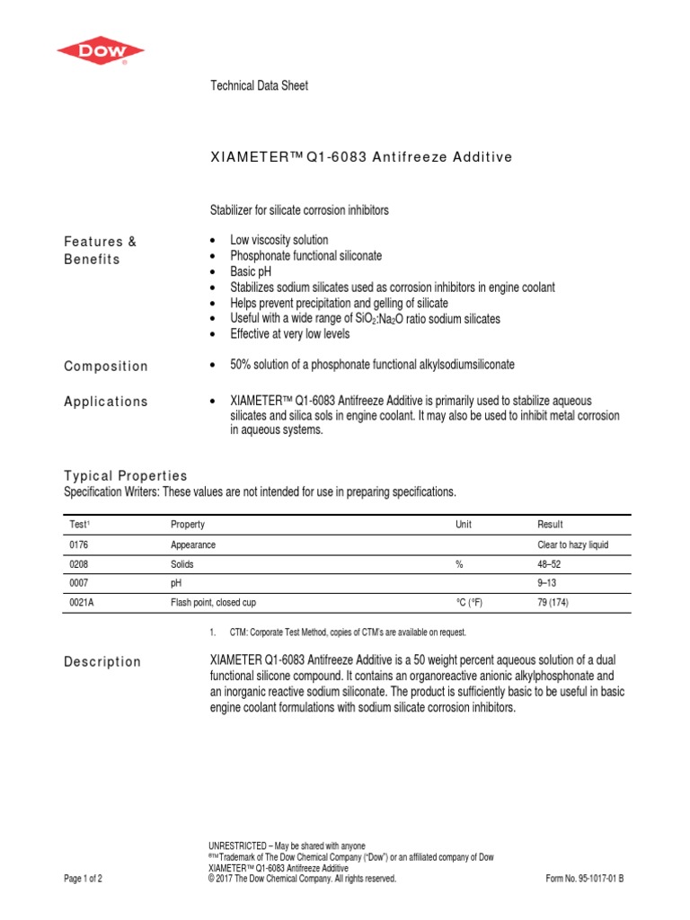 XIAMETER™ Q16083 Antifreeze Additive Features & Benefits PDF