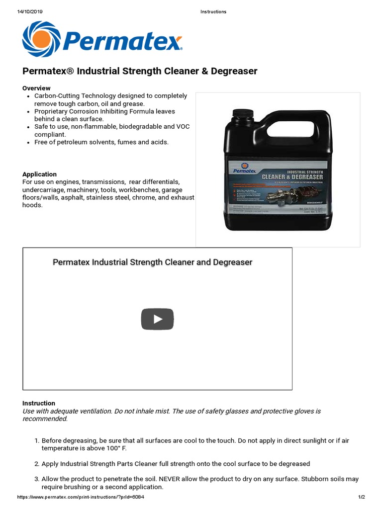Permatex Industrial Strength Cleaner & Degreaser Instructions PDF