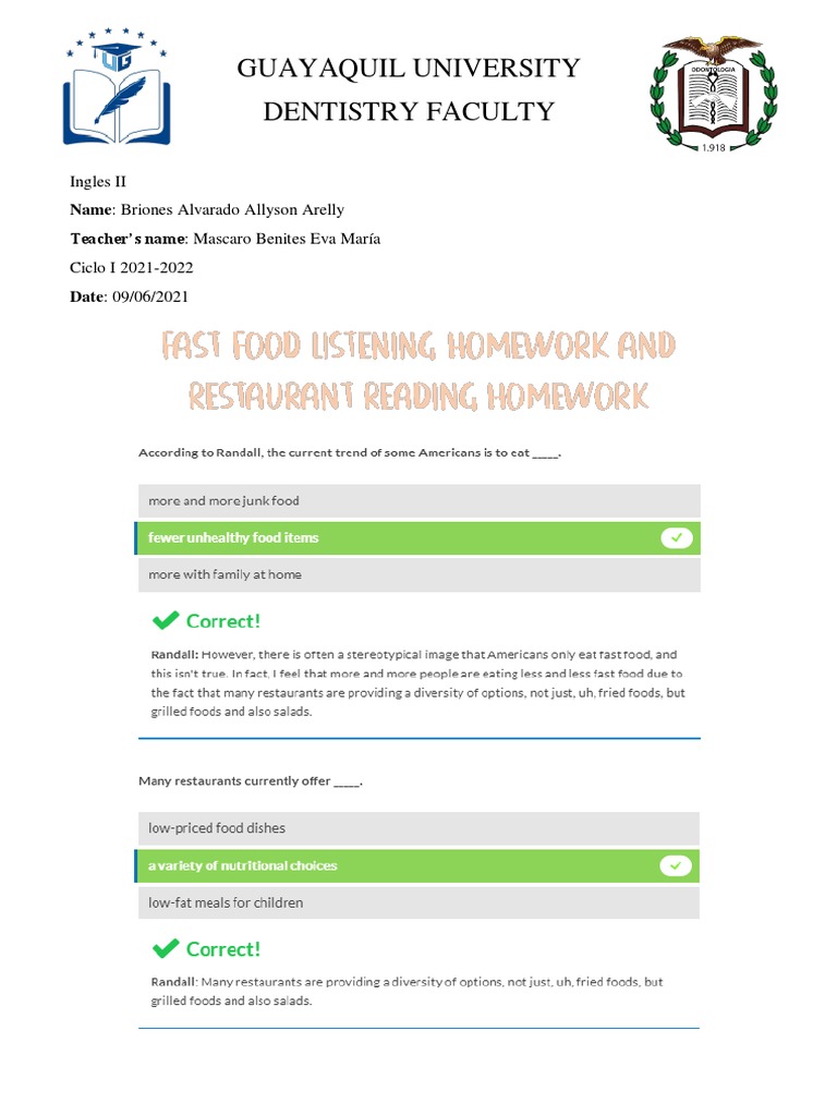 Fast Food Listening Homework and Restaurant Reading Homework | PDF