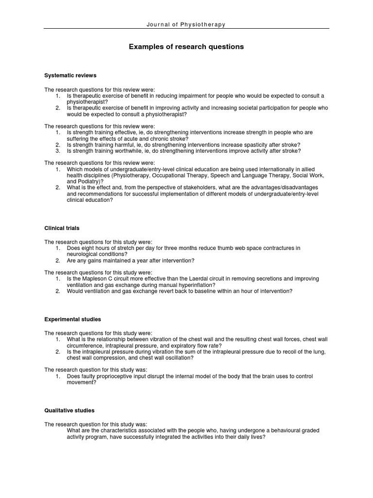 Examples of Research Questions | PDF | Physical Therapy | Stroke