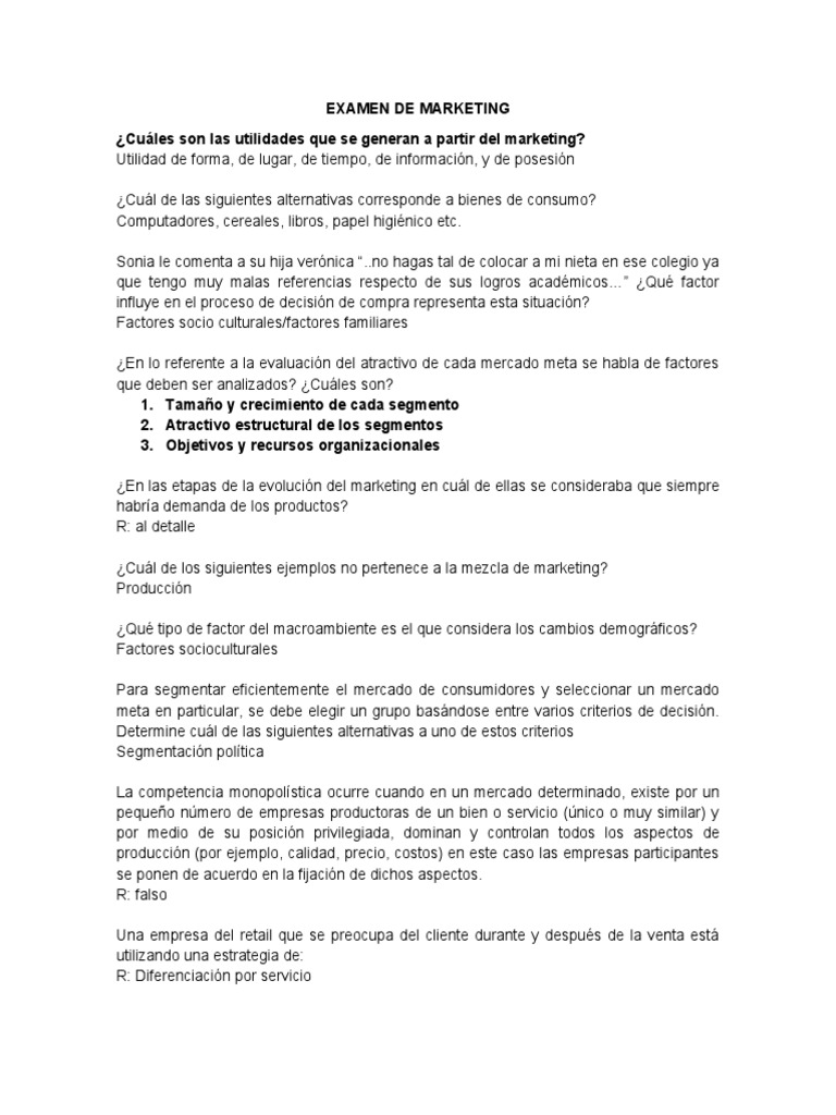 Examen de Marketing | PDF | Marketing | Mercado (economía)