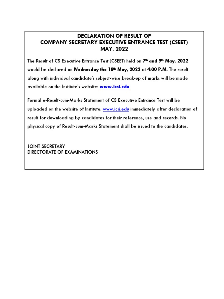 Declaration of Result CSEET May2022 | PDF