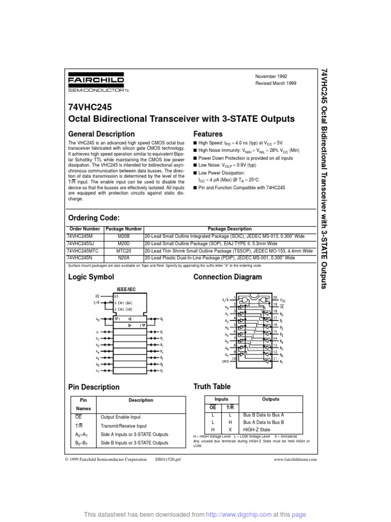74VHC245 Octal Bidirectional Transceiver With 3STATE Outputs PDF