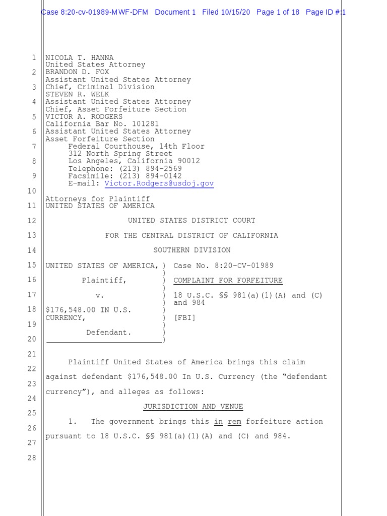 U.S. Complaint for Currency Forfeiture | PDF | Substance Abuse ...