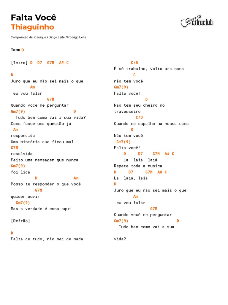 Cifra Club Thiaguinho Falta Você Pdf