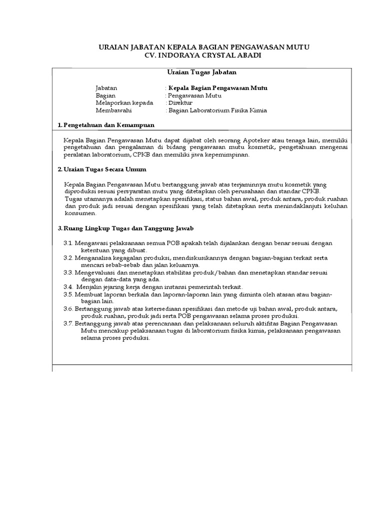 Uraian Jabatan Kepala Bagian Pengawasan Mutu | PDF
