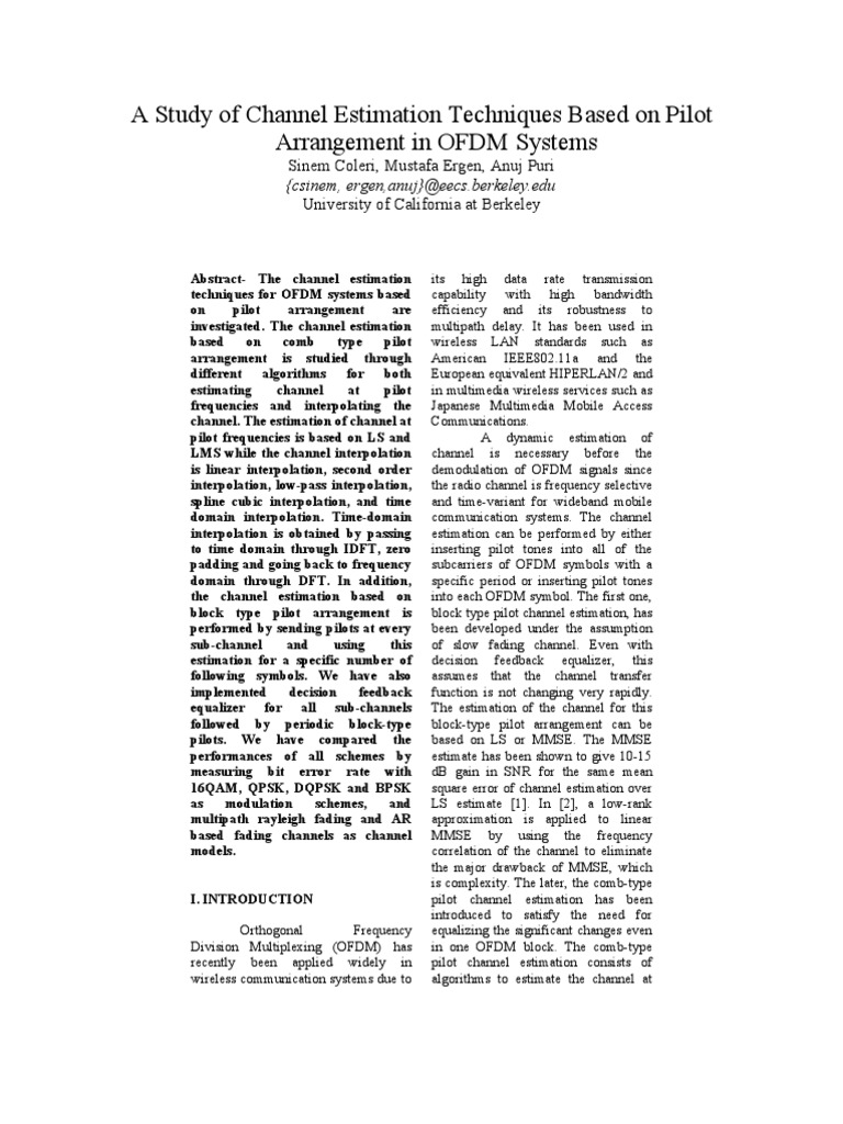 A Study of Channel Estimation Techniques Based On Pilot Arrangement in ...