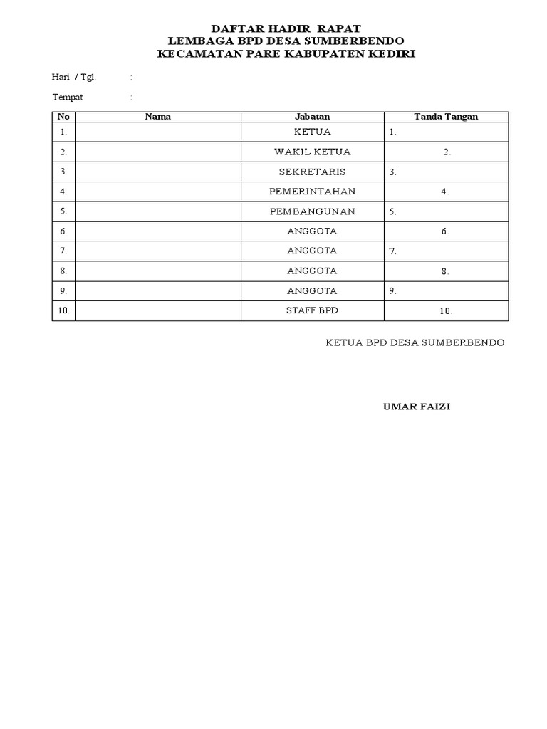 Daftar Hadir Rapat BPD | PDF