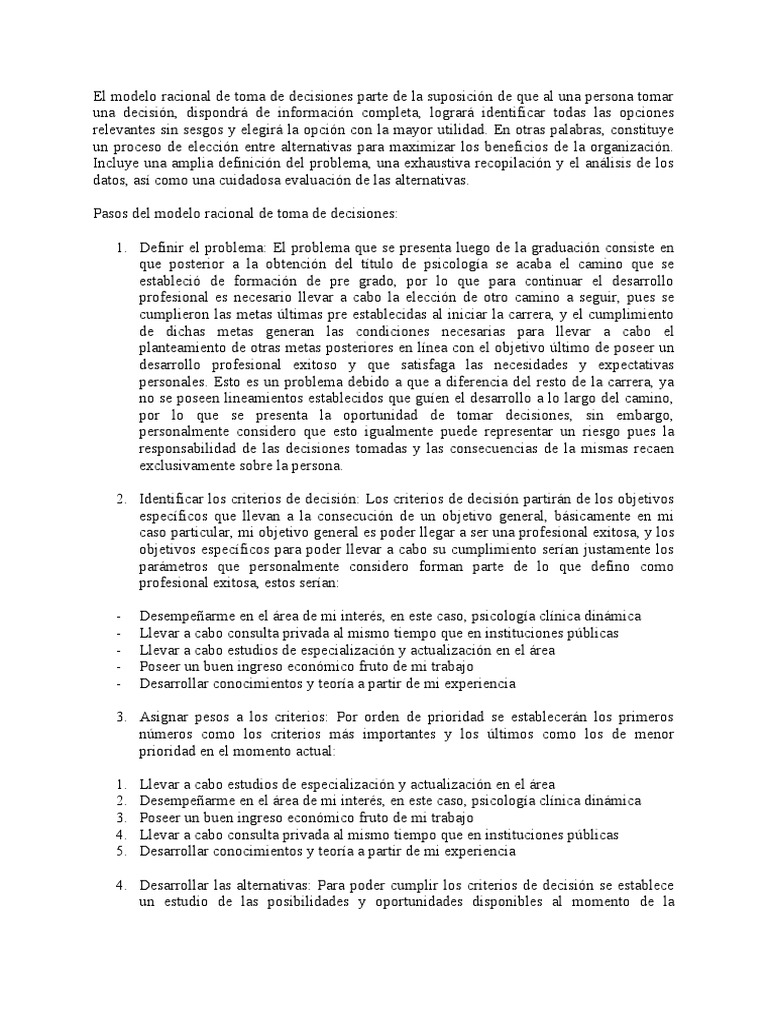 Modelo Racional en Decisiones Profesionales | PDF | Toma de decisiones ...