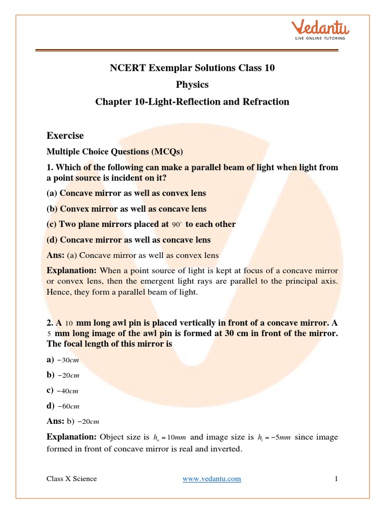 Class 10 Physics: Light Reflection & Refraction MCQs | PDF | Mirror ...