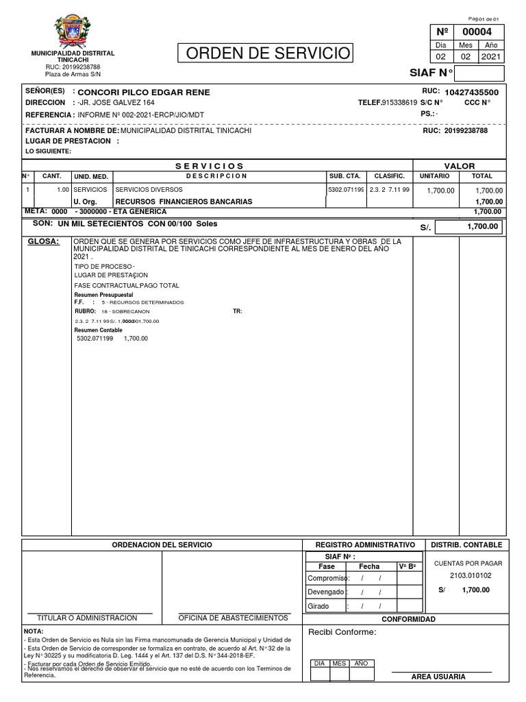 Orden de Servicio Municipal 2021 | PDF | Servicios financieros | Economias