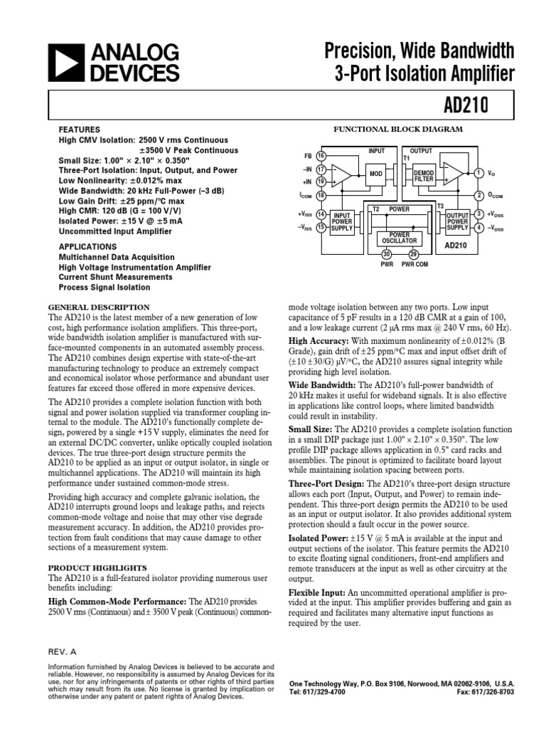 AD210 Precision Isolation Amplifier | PDF | Amplifier | Electrostatic ...