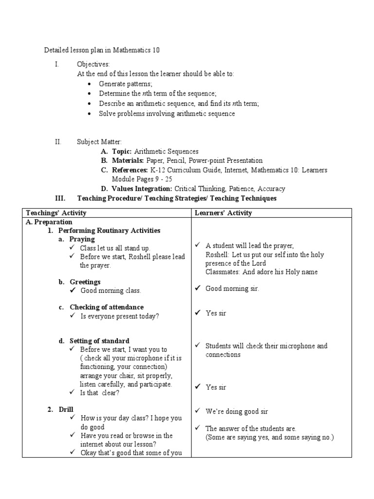 Arithmetic Sequences in Grade 10 Math | PDF | Lesson Plan | Mathematics