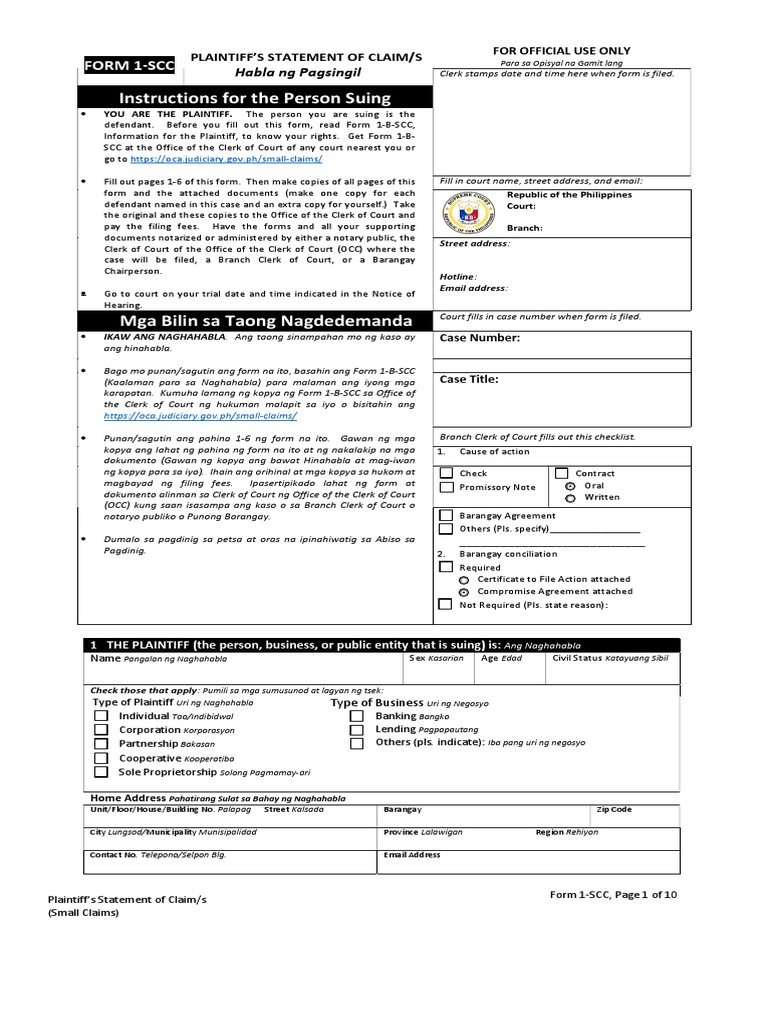 Instructions For The Person Suing Form 1Scc PDF Lawsuit Notary