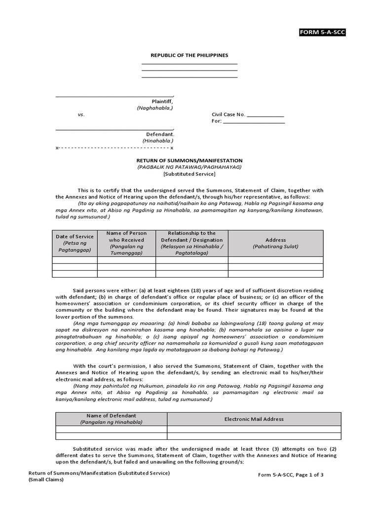 Return of Summons for Small Claims | PDF | Public Sphere | Separation ...