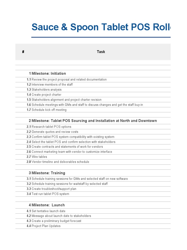Sauce & Spoon Tablet POS Rollout Phase I Task PDF Point Of Sale