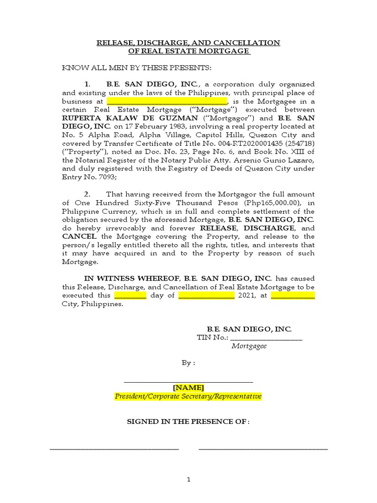 v.3 Deed of Cancellation of Real Estate Mortgage | PDF | Mortgage Law ...