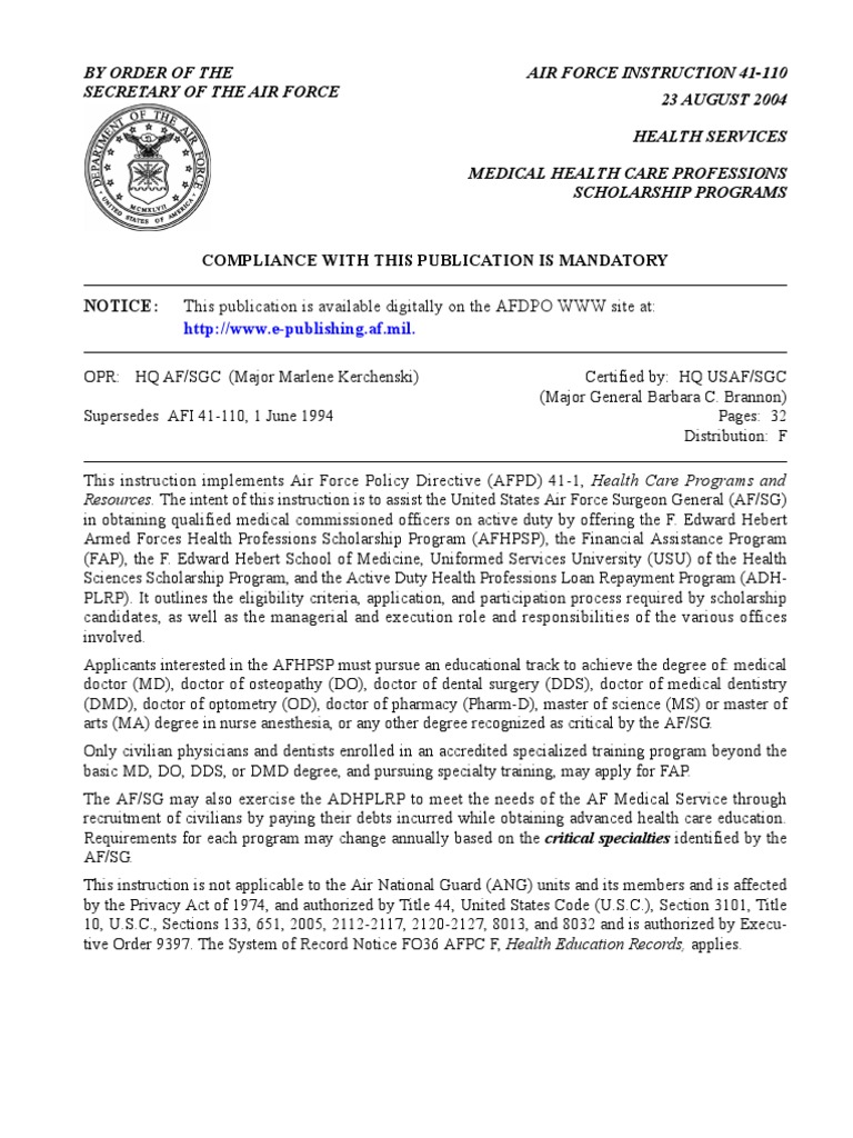 AFI 41-110: Health Professions Scholarships | PDF | Dental Degree ...