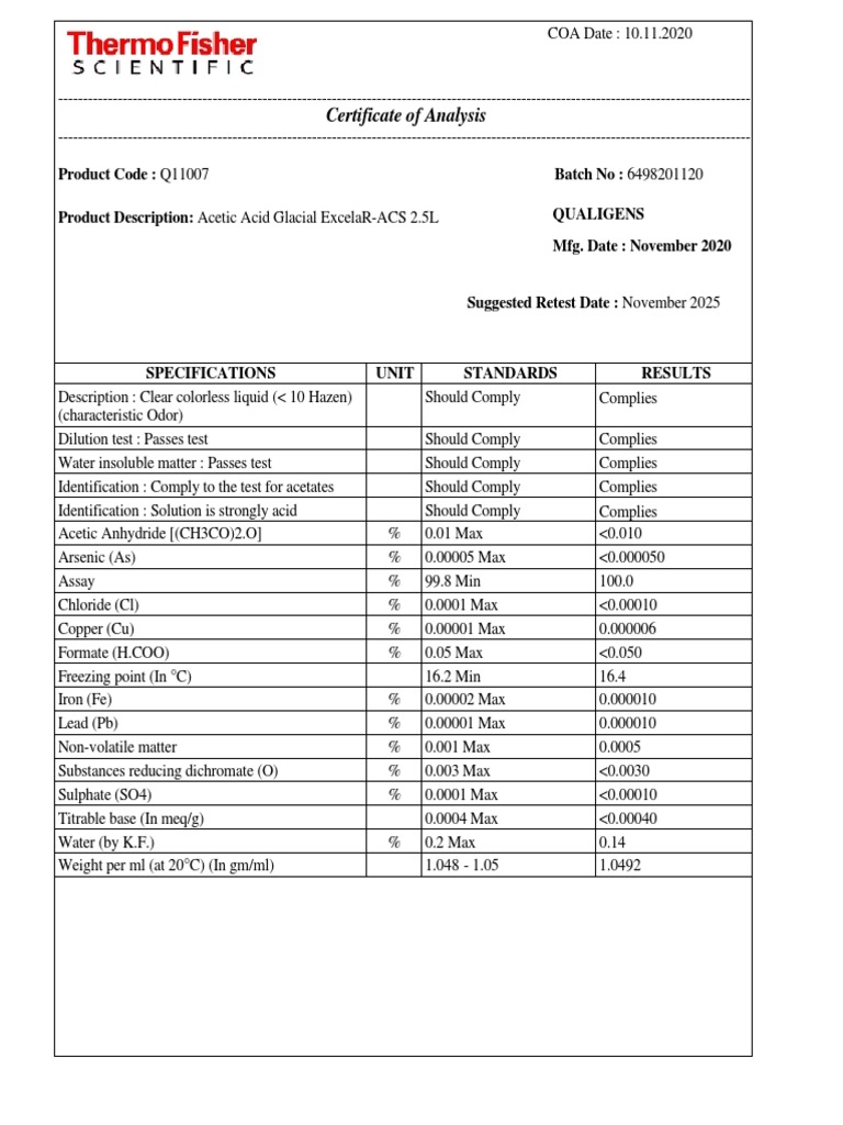 Certificate of Analysis Product Code Q11007 Batch No 6498201120