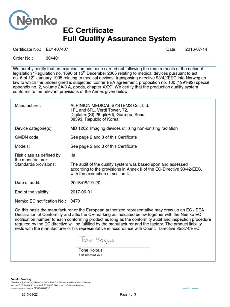EC Certificate for Alpinion Devices | PDF | Medical Device | Audit