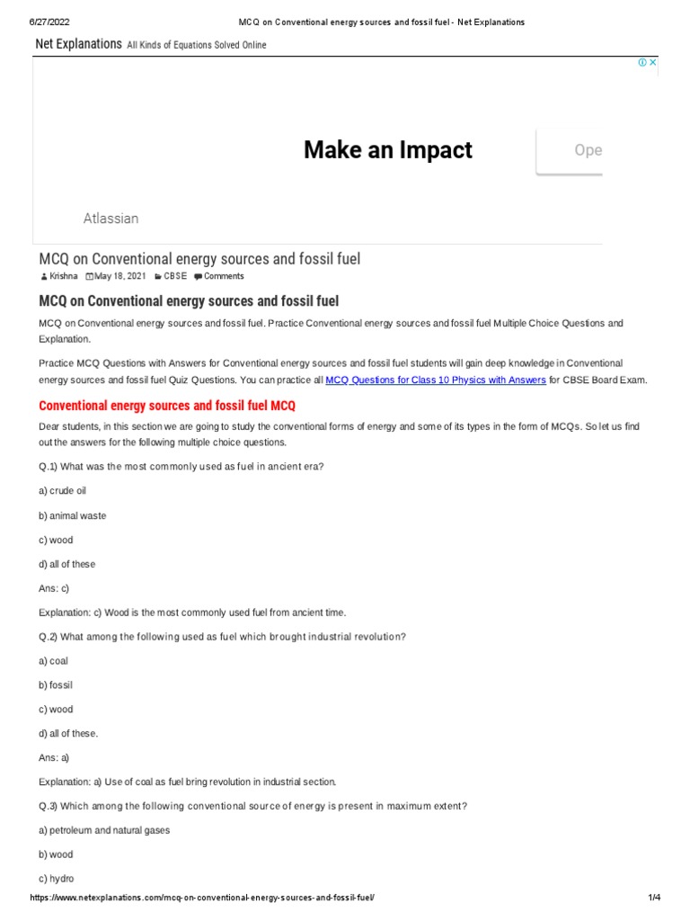 MCQ On Conventional Energy Sources and Fossil Fuel Net Explanations