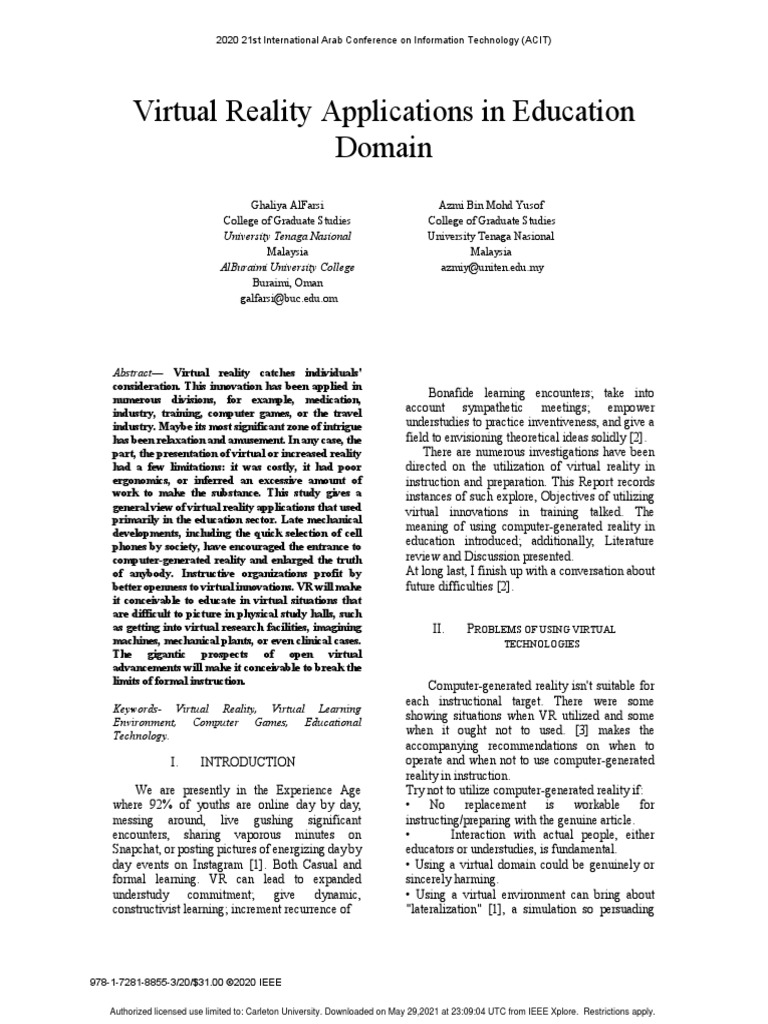 Virtual Reality Applications in Education Domain PDF Augmented