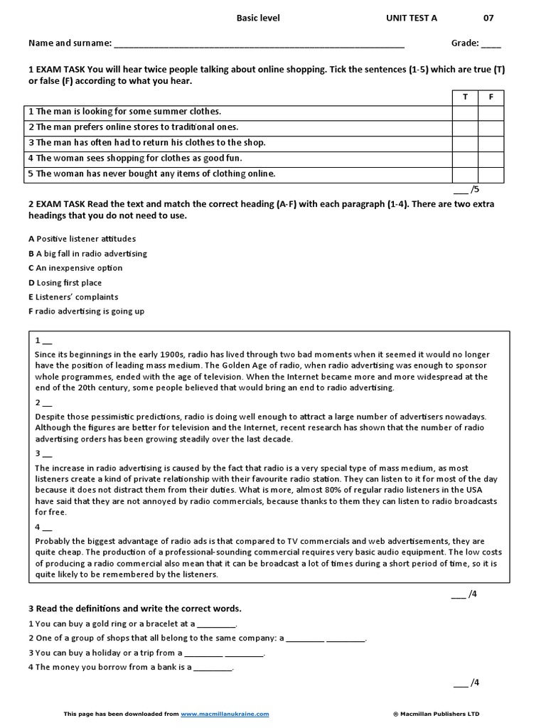 Unit Test 7A Basic Level | PDF | Advertising | Communication