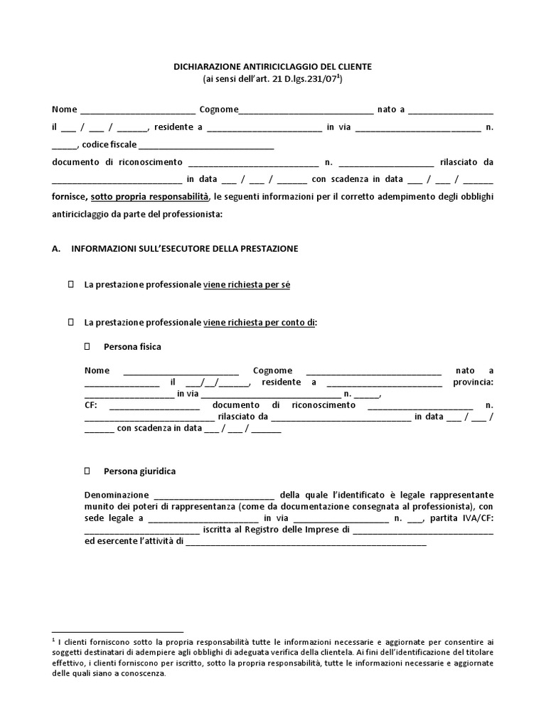 Dichiarazione Antiriciclaggio Del Cliente - Pep | PDF