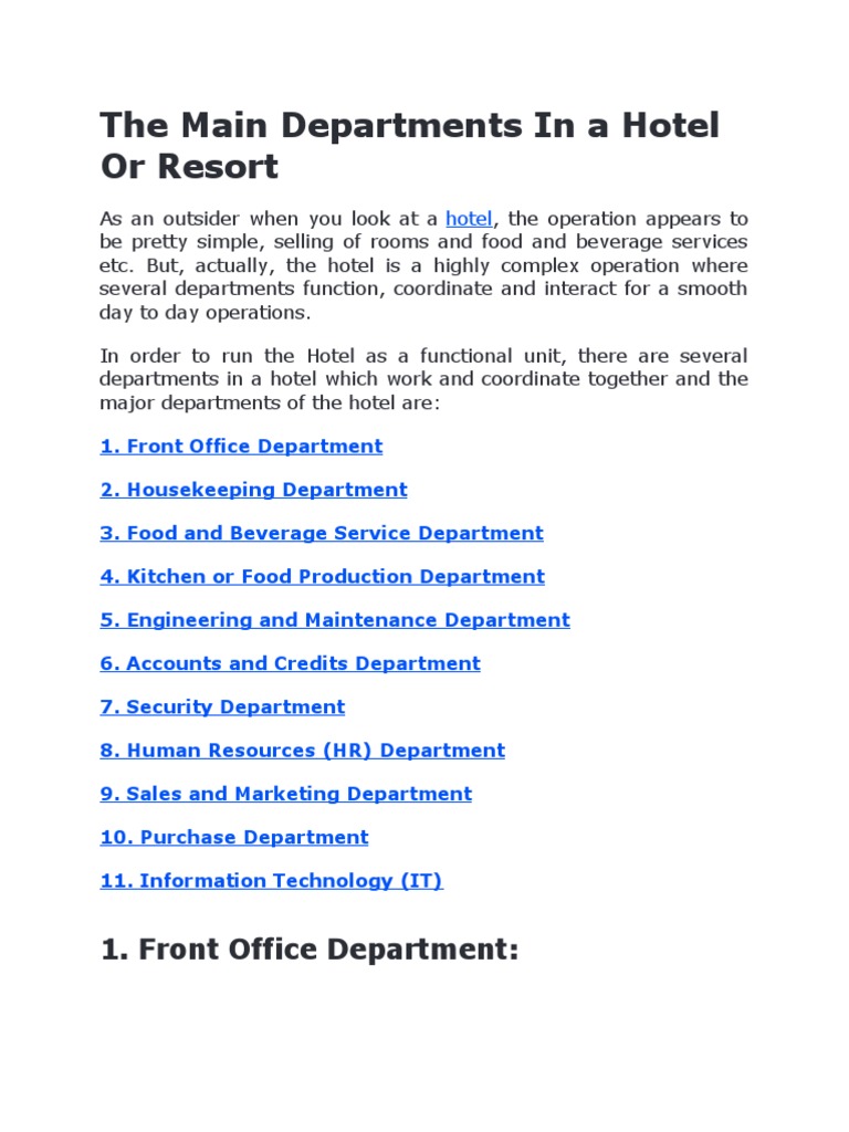 Major Hotel Departments Overview | PDF | Kitchen | Chef