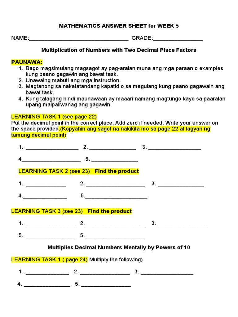 Mathematics Answer Sheet For Week 5 (B) | PDF