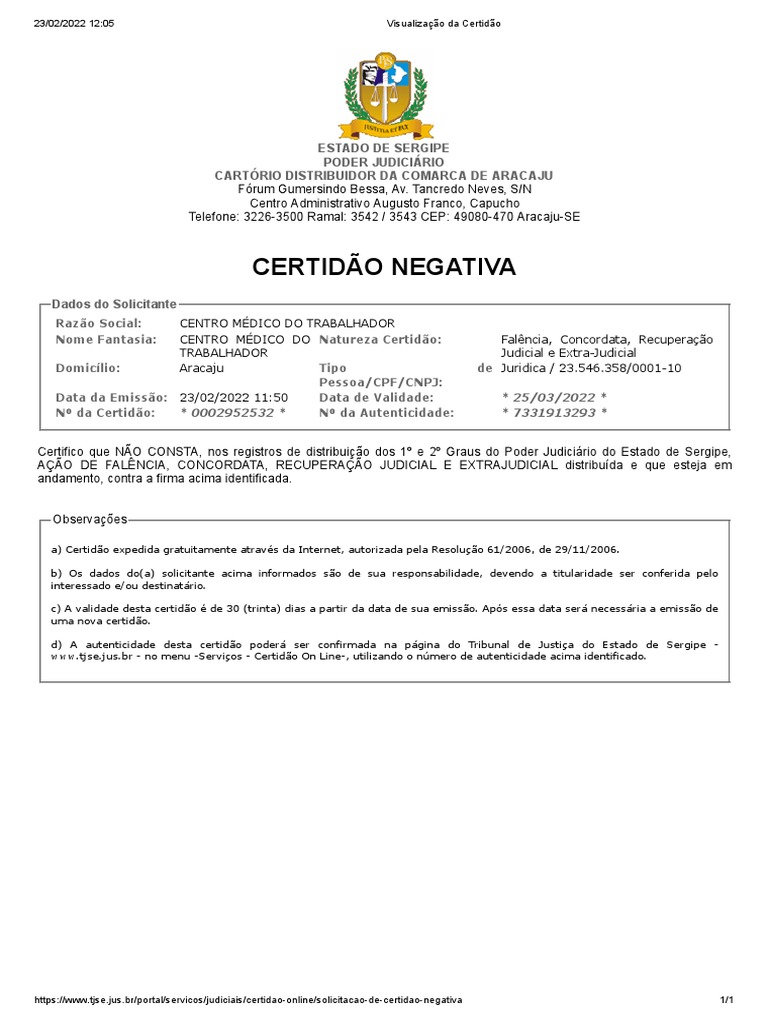 Certidão Negativa de Falência - Sergipe | PDF