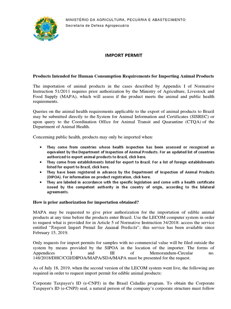 Import Permit Products Intended For Human Consumption Requirements For