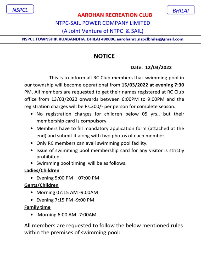 Aarohan Club Swimming Pool Notice | PDF | Swimming Pool